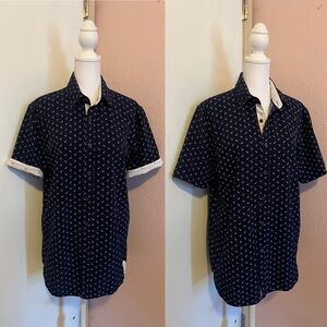 Blue and White Anchors Patterned Short Sleeve Button Up Shirt by Fried Denim